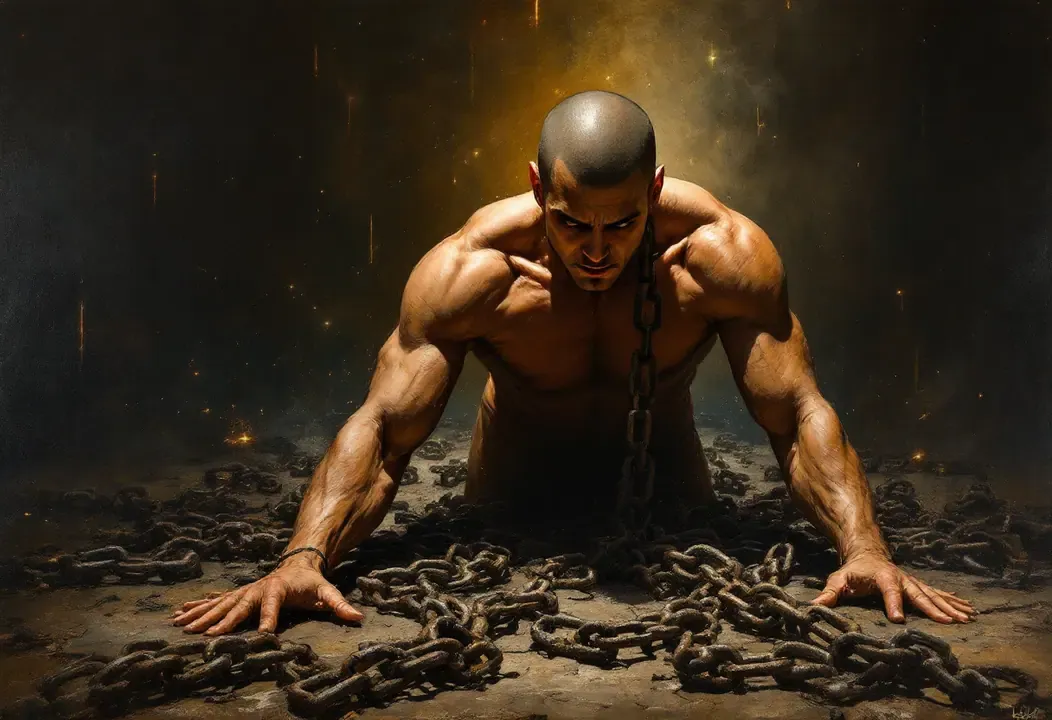 Humanoide rompiendo cadenas, simbolizando el fin de la inconsciencia y el automatismo.