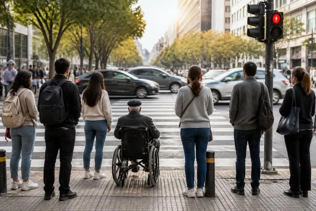 Peatones en una calle urbana reflexionando sobre seguridad vial y conciencia