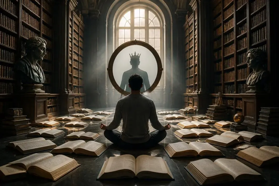 Figura meditando entre libros como símbolo de superar prejuicios mentales
