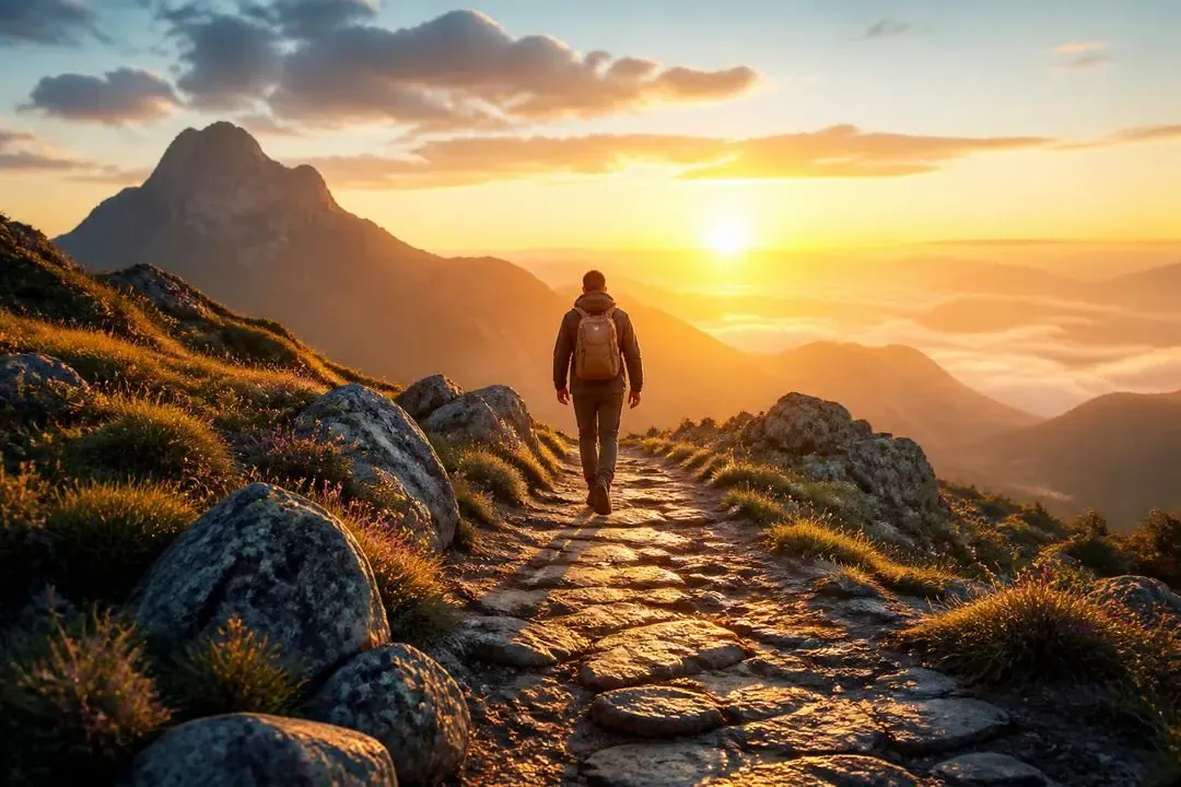 Persona caminando al amanecer por una montaña como símbolo de transformación interior