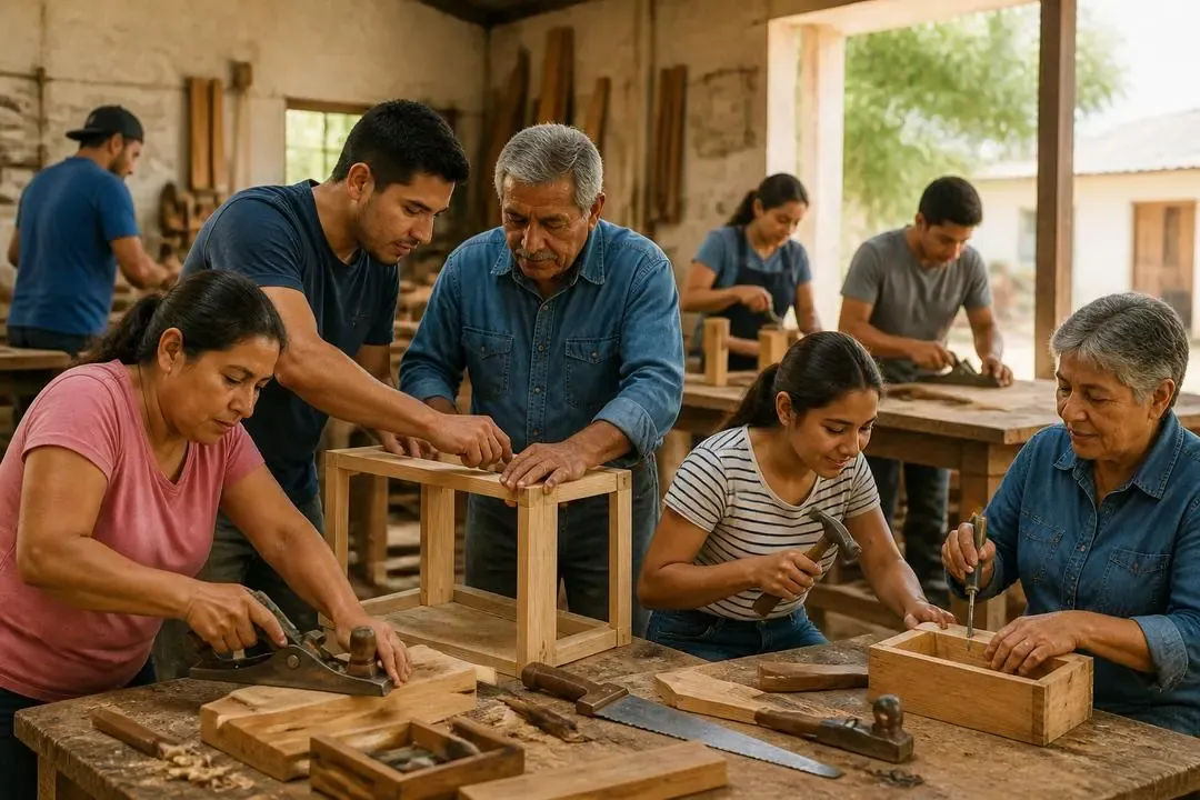 Adultos aprendiendo oficios en un taller comunitario como símbolo de dignidad laboral