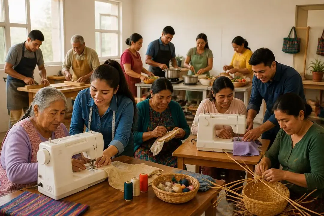 Voluntarios enseñando habilidades prácticas en un salón comunitario