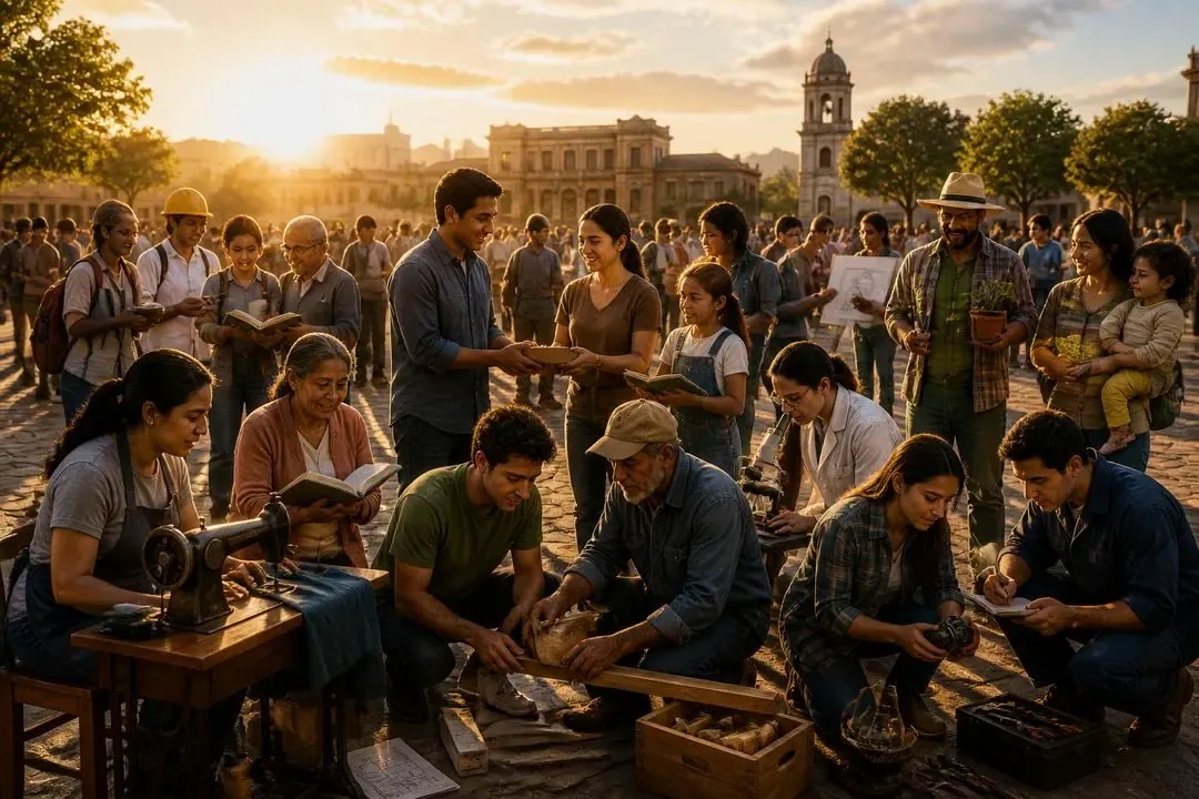 Comunidad reunida con herramientas y libros como símbolo de democracia consciente