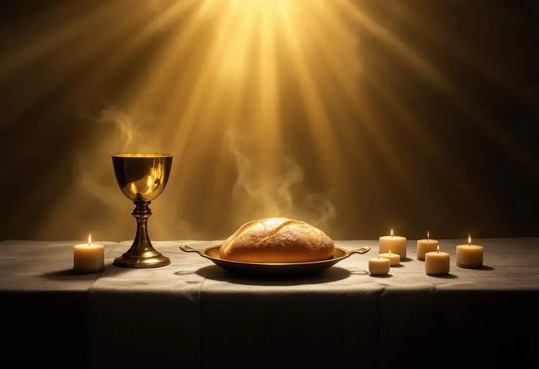 Cáliz y pan sobre un altar, iluminados por luz dorada, símbolos de rituales gnósticos.