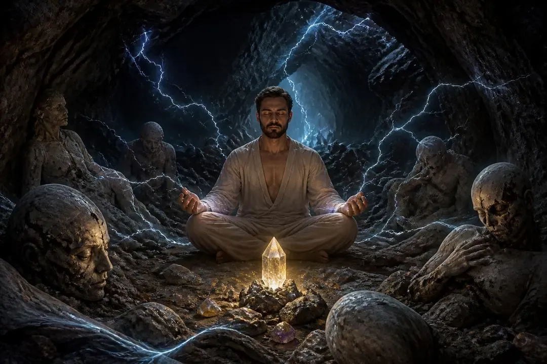 Persona meditando en una cueva oscura como símbolo de la desintegración de los cadáveres del ego