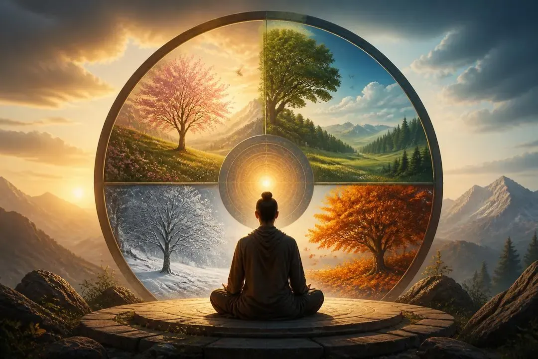 Persona meditando ante un paisaje que simboliza los ciclos de la recurrencia