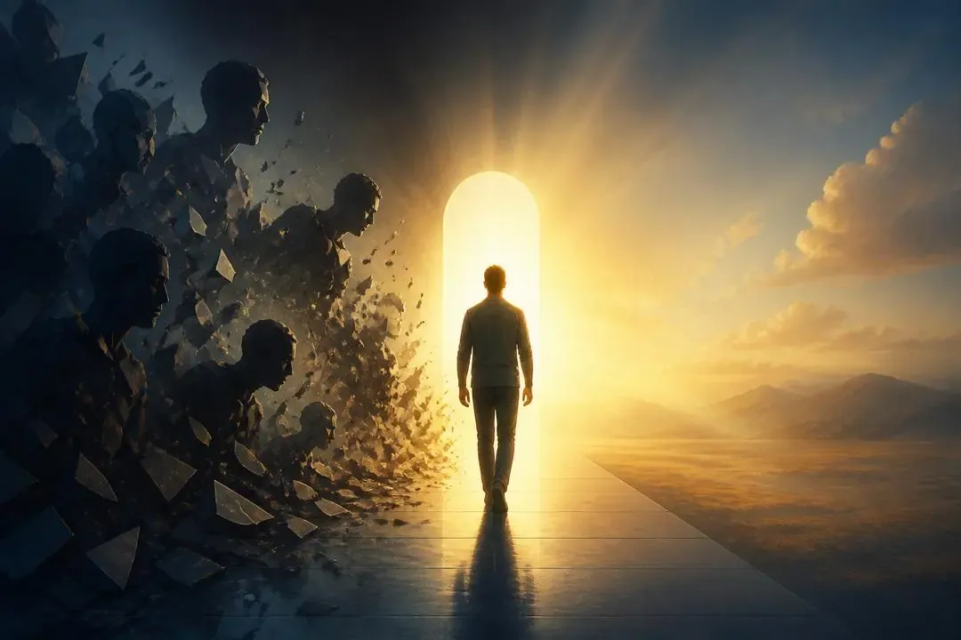 Figura caminando hacia una luz interior dejando atrás sombras del ego