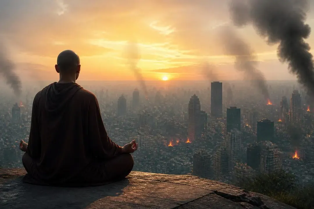 Persona meditando ante una ciudad en crisis como símbolo del ego y la transformación interior
