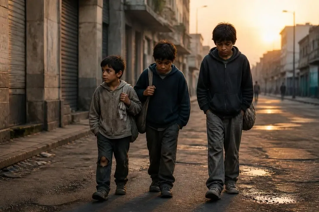 Niños vulnerables caminando por una calle urbana al amanecer