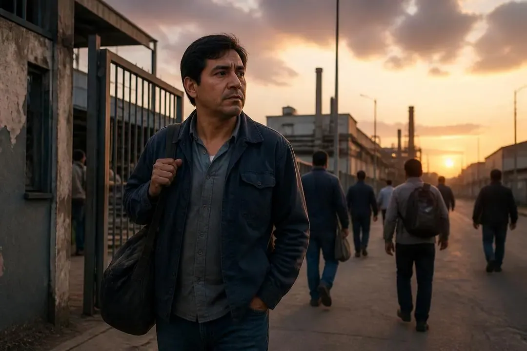 Trabajador saliendo de una fábrica al atardecer como símbolo de cesantía y dignidad laboral