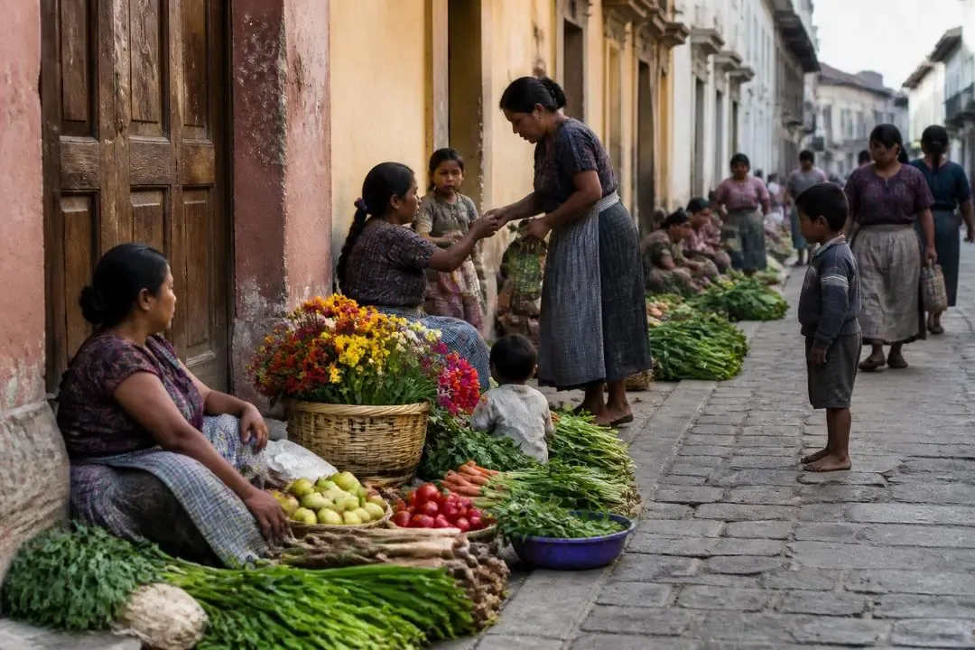 Madres humildes vendiendo alimentos y flores en la calle como expresión de trabajo digno