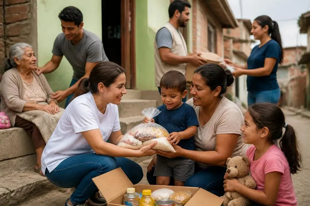Familia vulnerable recibiendo apoyo comunitario como símbolo de justicia social