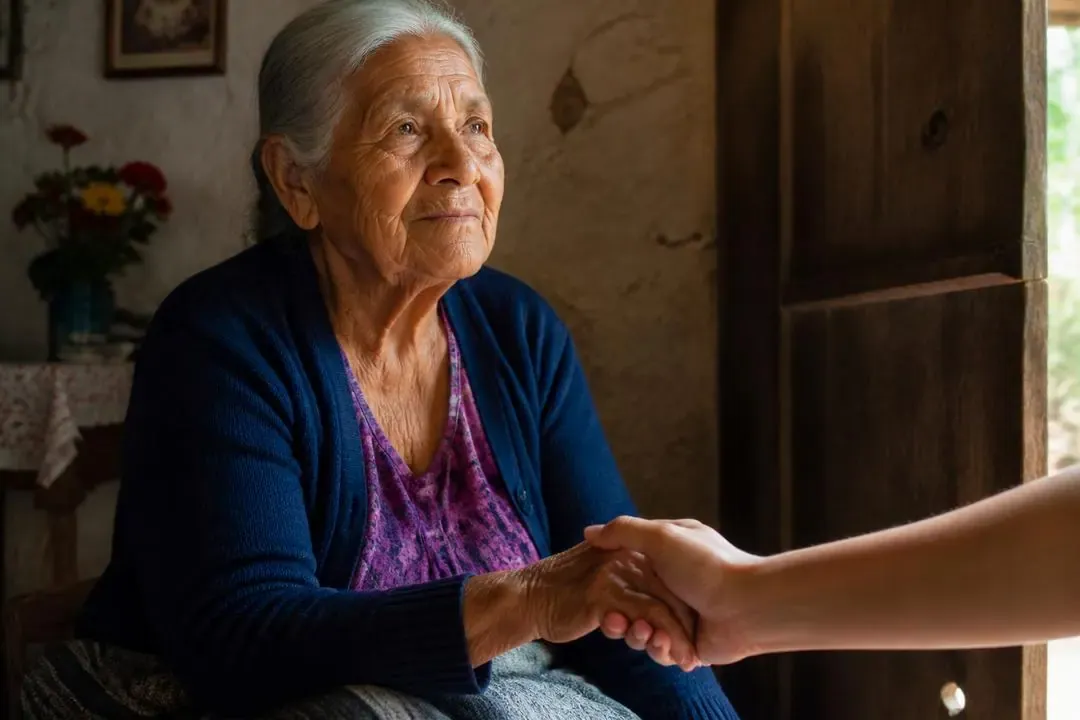 Persona anciana acompañada con respeto y solidaridad en un hogar sencillo