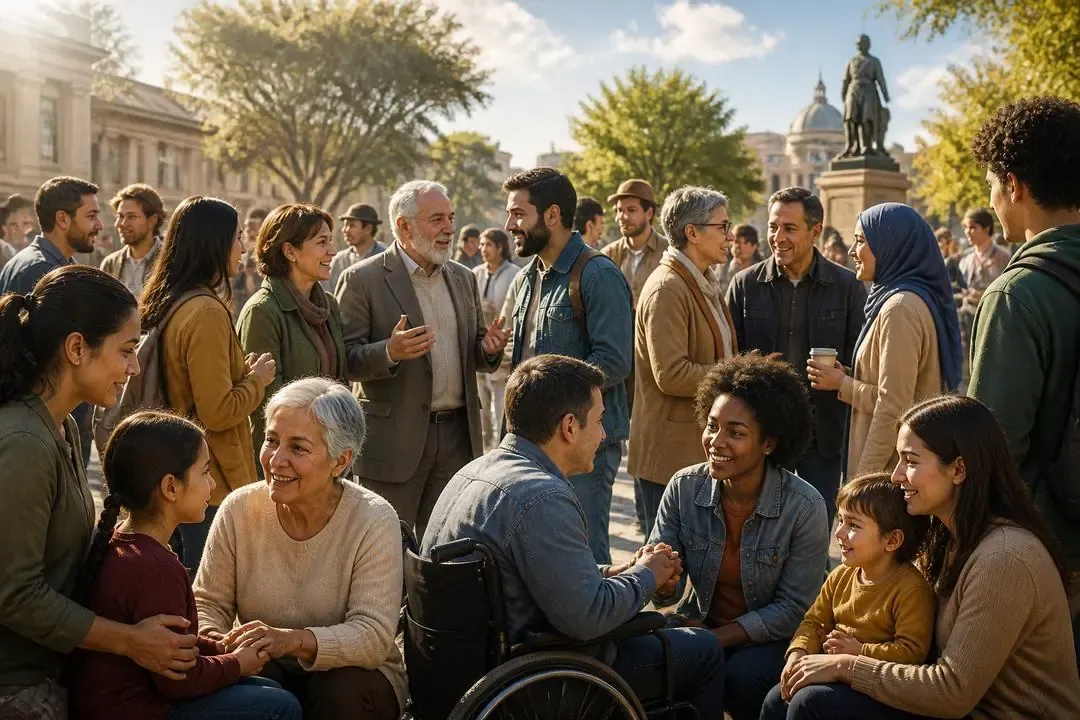 Personas reunidas pacíficamente como símbolo de libertad de pensamiento y convivencia