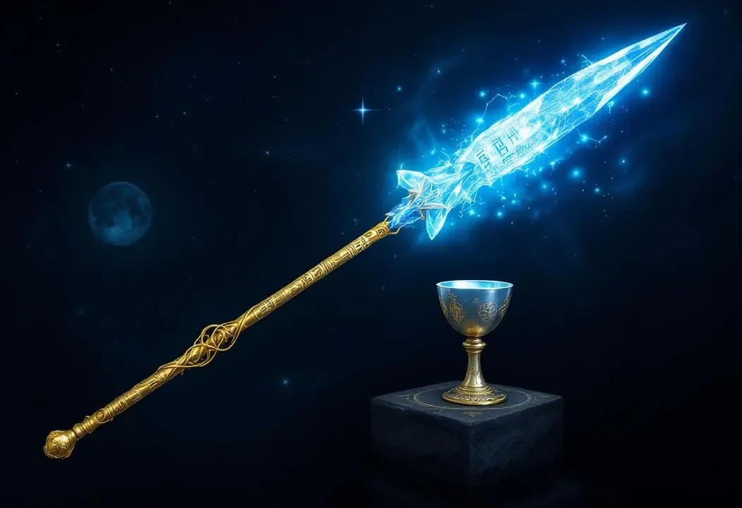 Representación mística de la Lanza Esotérica con el Grial y Asta de Wotan.