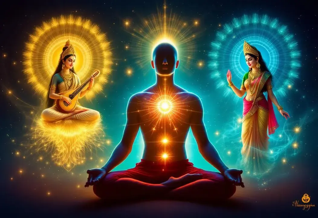 Ilustración mística de centros energéticos y deidades Saraswati, Lakshmi, Parvati.