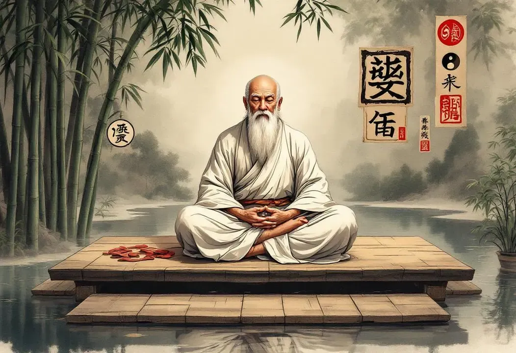 Anciano sabio meditando con símbolos taoístas, canalizando energía sexual.