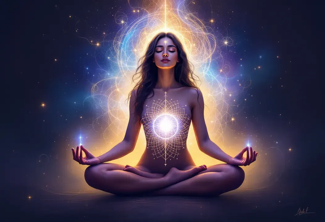 Figura meditativa con aura, fusionando energías sutiles y autoconsciencia.