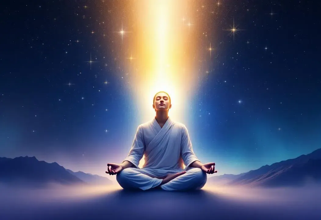 Persona meditando con luz emergiendo de la cabeza, simbolizando la Conciencia despierta.