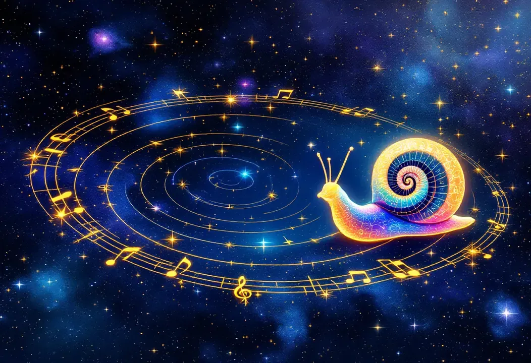 Ilustración de un caracol cósmico navegando la Línea Espiral de la Vida entre estrellas, simbolizando octavas de evolución.