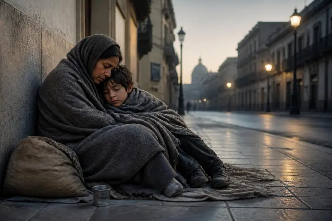 Madre e hijo sentados en una calle fría como símbolo del desamparo social