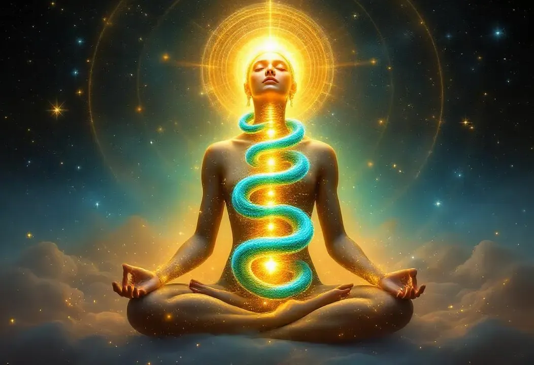 Serpiente Kundalini ascendiendo por la columna vertebral de una figura iluminada.
