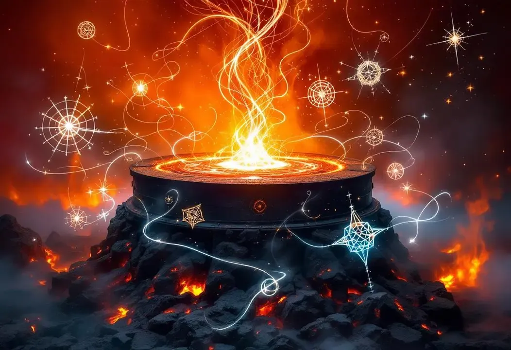 Fragua ardiente con fuego y formas energéticas, simbolizando la Forja de los Cíclopes Jinayana.