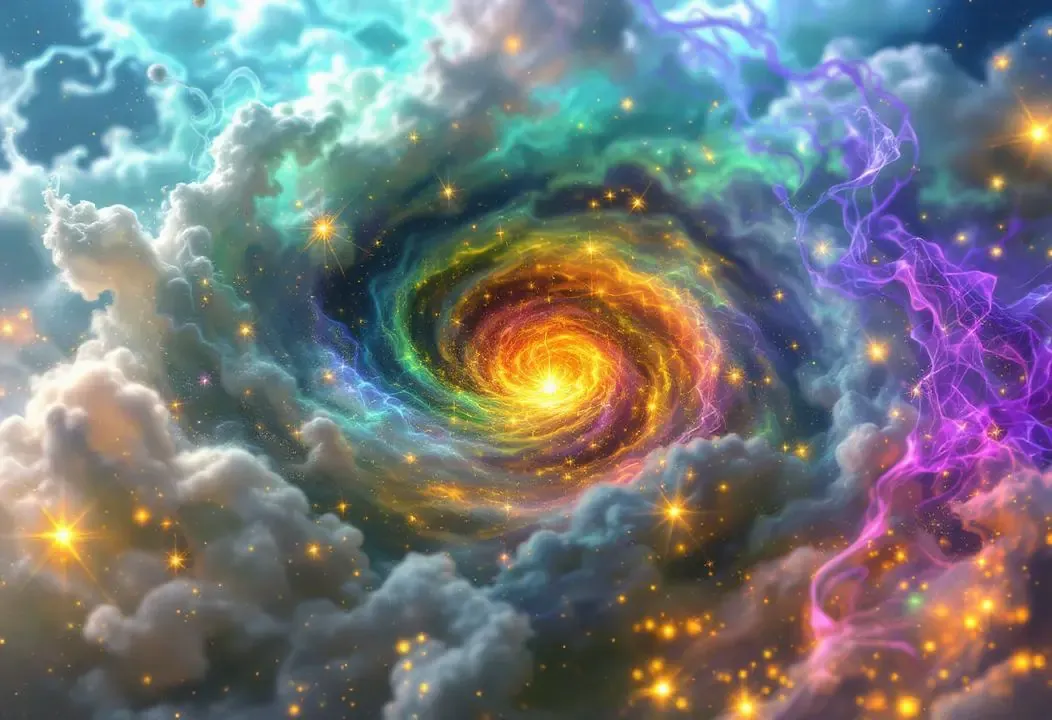 Representación artística del caos primordial en el Edda, con luz y vapores fríos uniendo para crear vida.