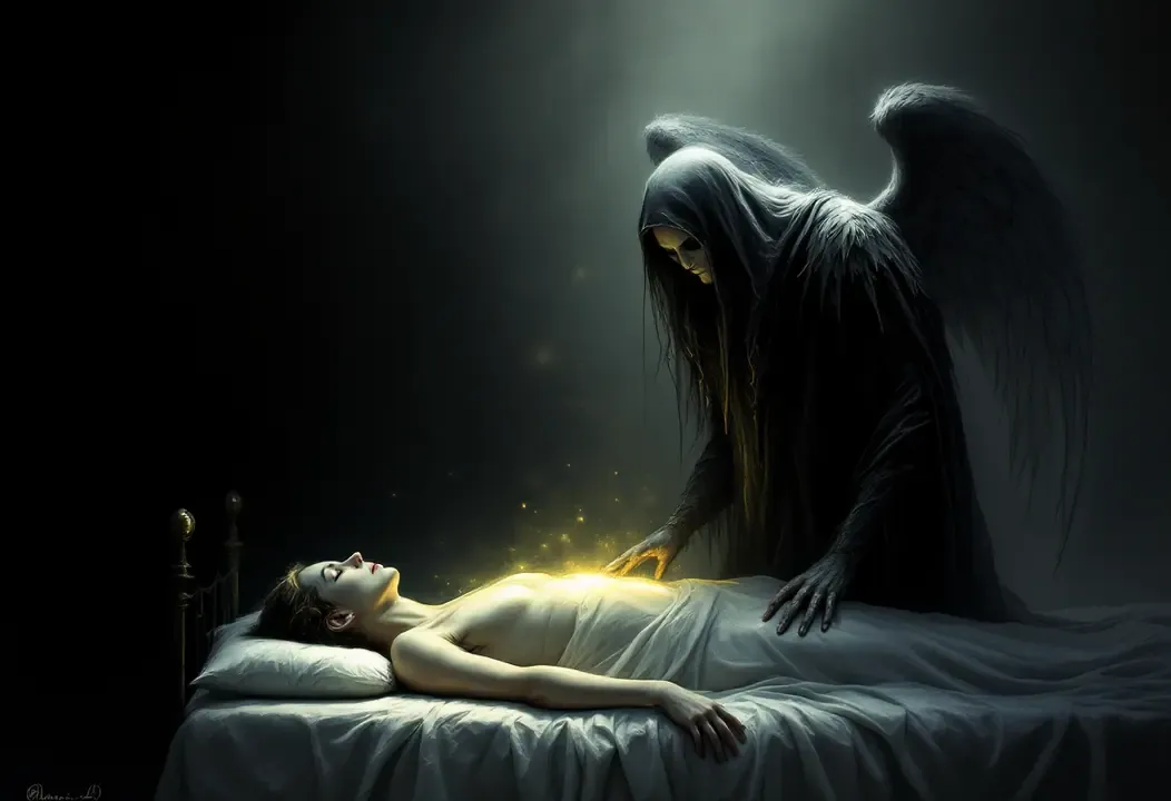 Ángel de la Muerte junto a un lecho, simbolizando la partida del cuerpo físico y vital.