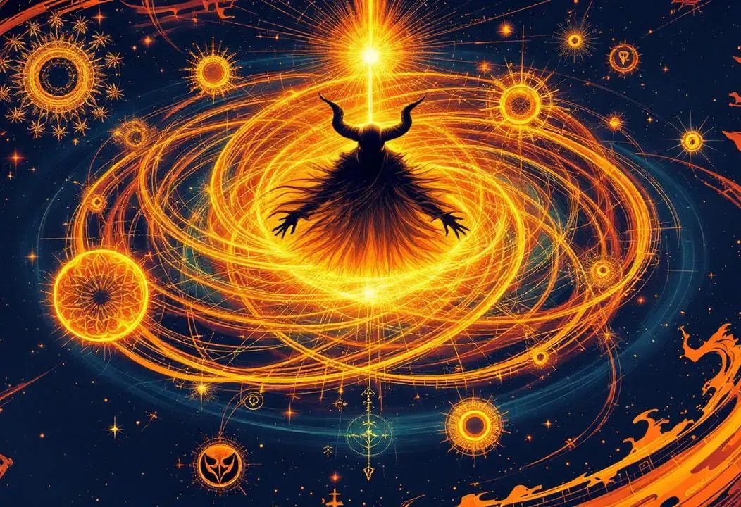 Ilustración abstracta del plexo solar como centro energético, con elementos que sugieren 'Yoes' y la figura del Diablo Prestidigitador.