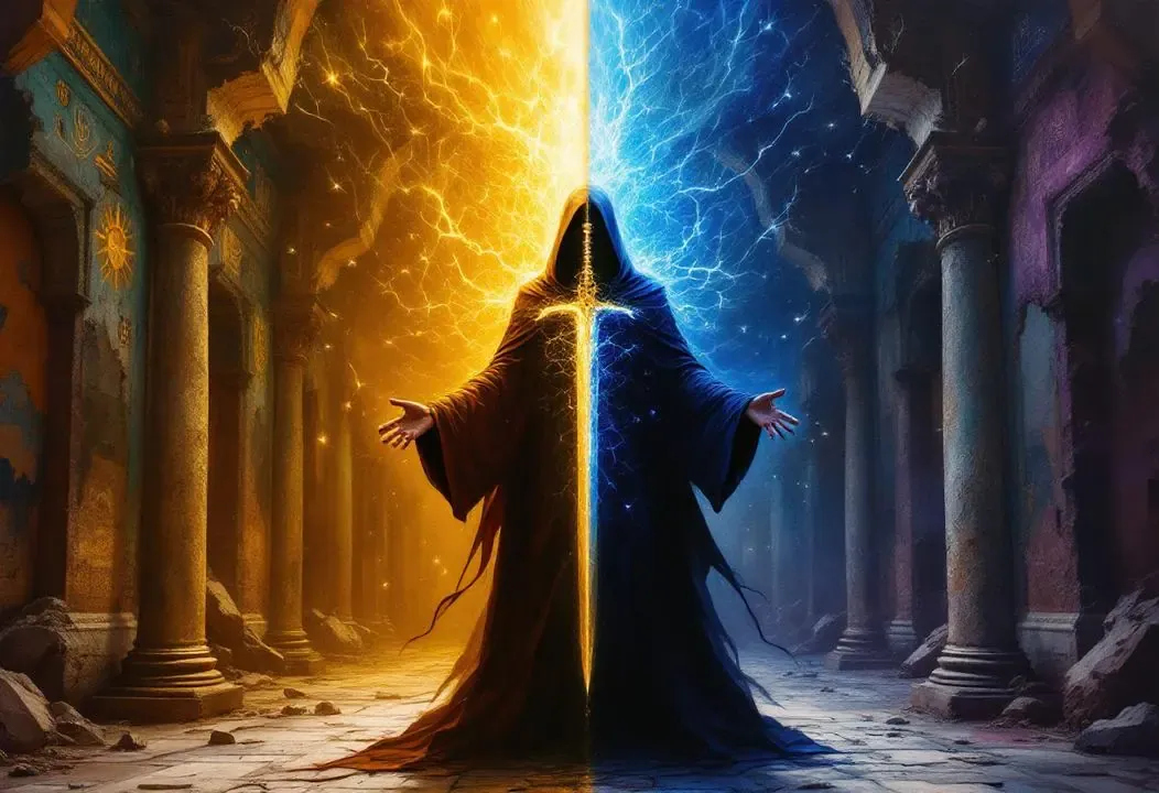 Efecto de luz y sombra que representa el poder dual de los rituales gnósticos, sanar o destruir.
