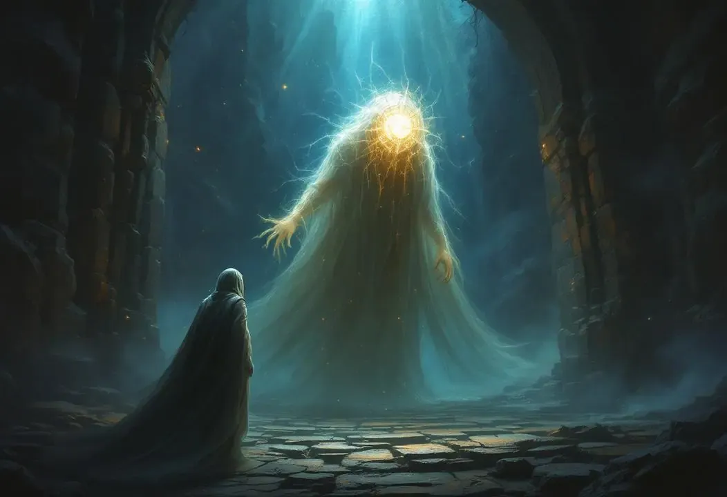 Ilustración del Guardián del Umbral, representando miedos y ego en la Gnosis.