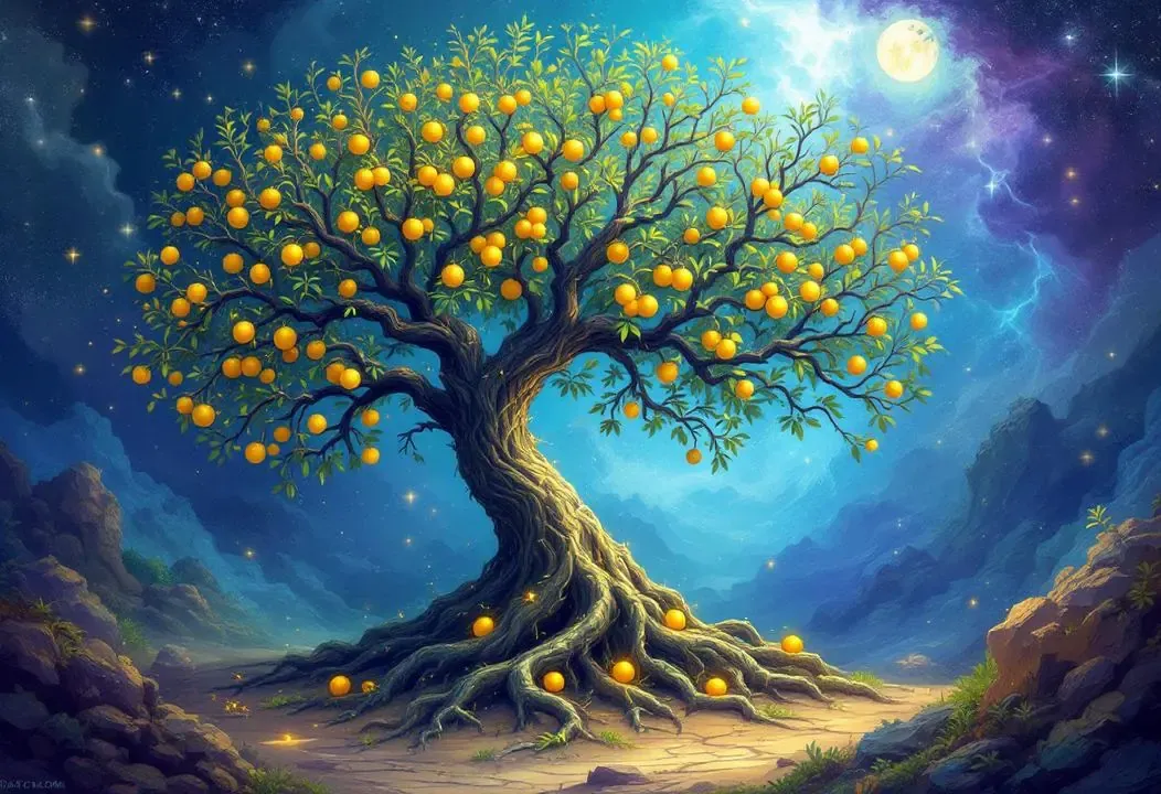 Ilustración mística del Árbol de la Vida con frutos dorados, representando inmortalidad.