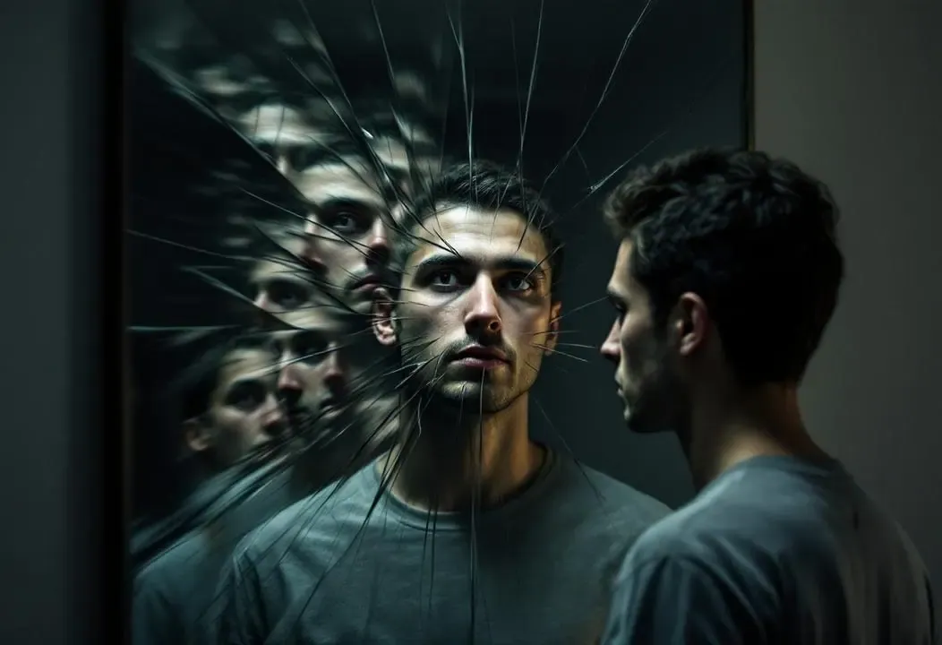 Persona se mira en espejo distorsionado, explorando la negligencia y el Nivel del Ser.