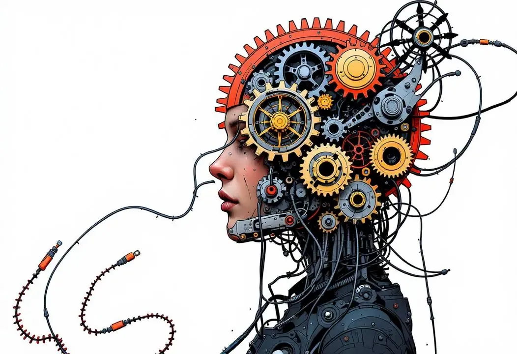 Ilustración de un ser humano con engranajes, simbolizando el robot psicológico y patrones repetitivos.