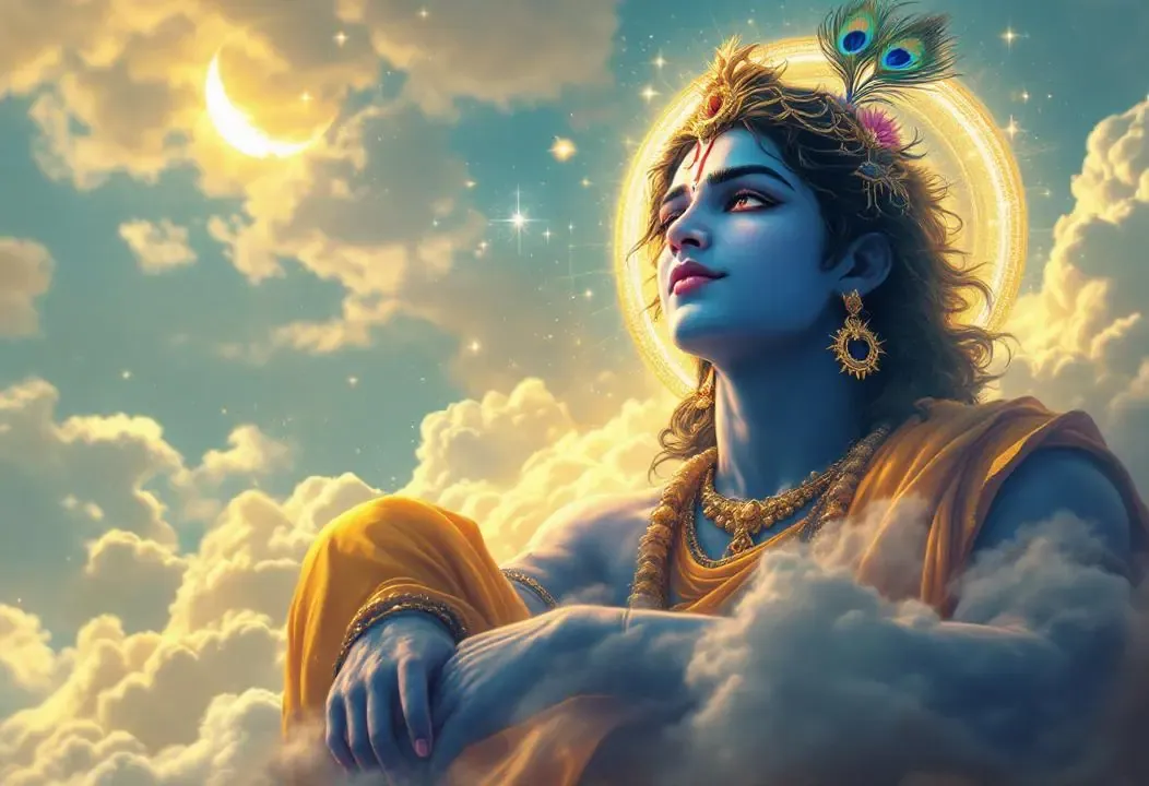 Señor Krishna divino, con aura, observando el mundo, listo para encarnarse.