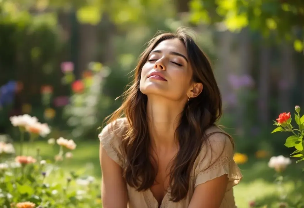 Mujer en jardín con ojos cerrados, meditando y practicando escucha interior consciente.