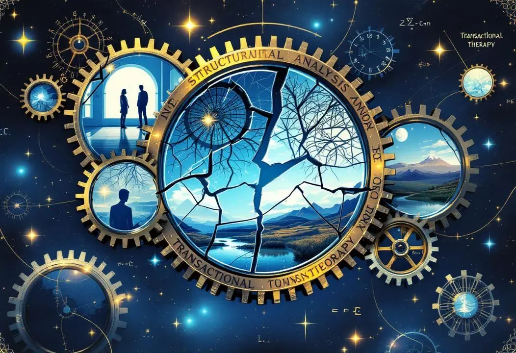 Engranajes mentales y un espejo con reflexiones, simbolizando el análisis estructural y transaccional.