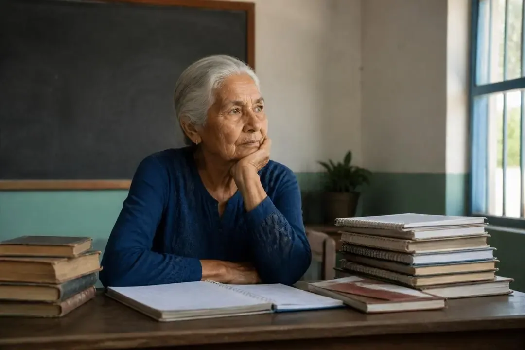 Maestra anciana en un aula como símbolo de jubilación digna y justicia social
