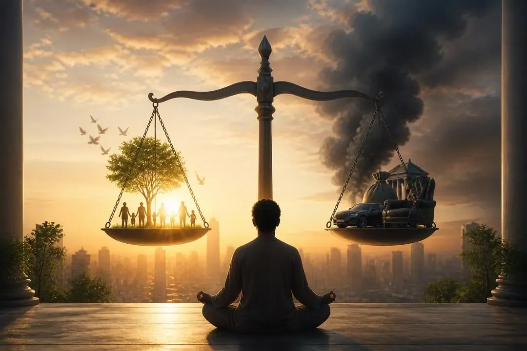 Persona meditando ante una balanza de justicia y una ciudad al amanecer