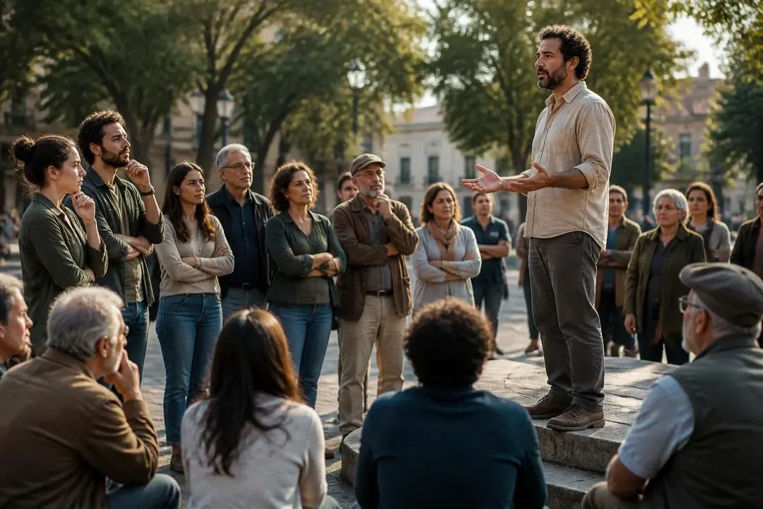 Ciudadanos reflexionando sobre liderazgo ético en una plaza pública