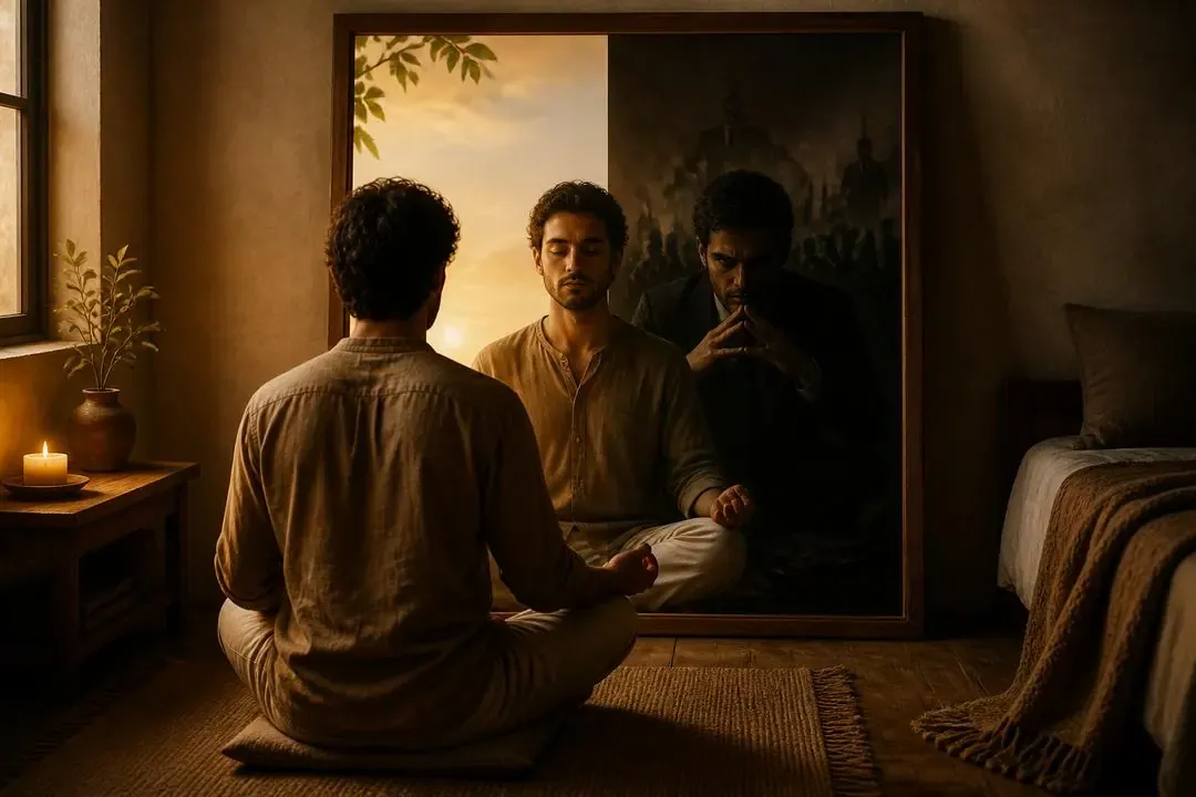 Persona meditando frente a un espejo como símbolo de autoobservación