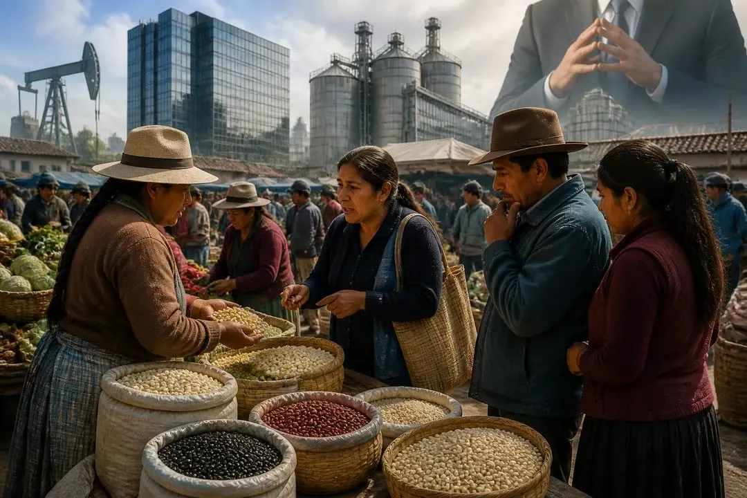 Campesinos y compradores en un mercado popular como símbolo de economía consciente