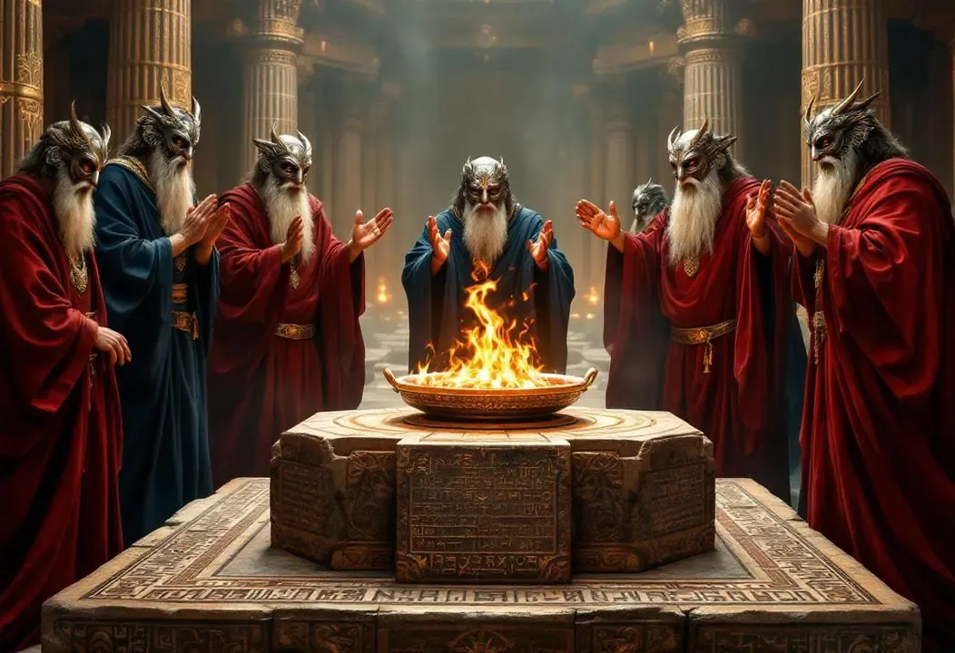 Sacerdotes persas antiguos manteniendo un fuego sagrado en un altar, simbolizando el culto al fuego.