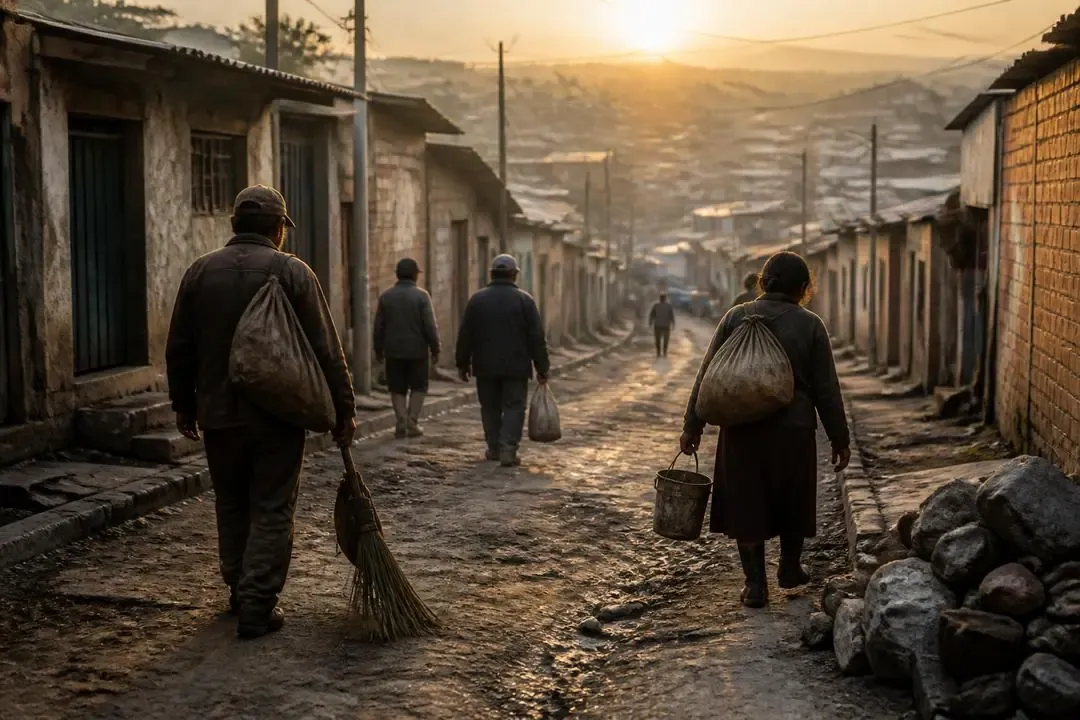 Trabajadores en una calle humilde de América Latina al amanecer