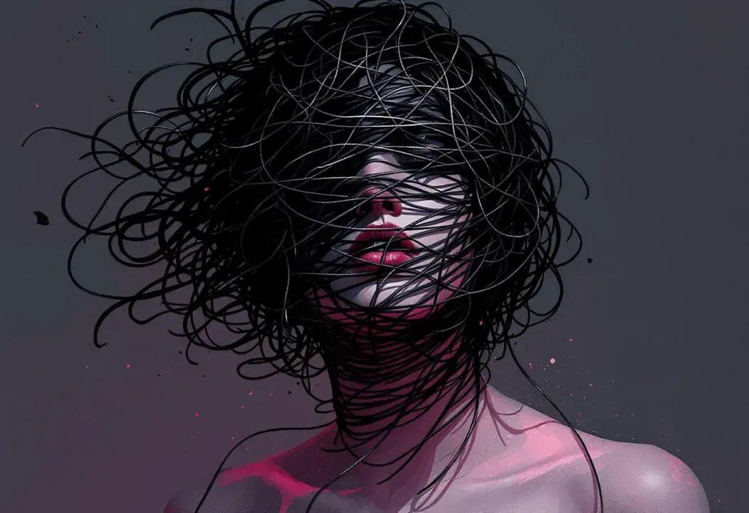 Ilustración de hilos enredados representando emociones negativas como vanidad y engreimiento.