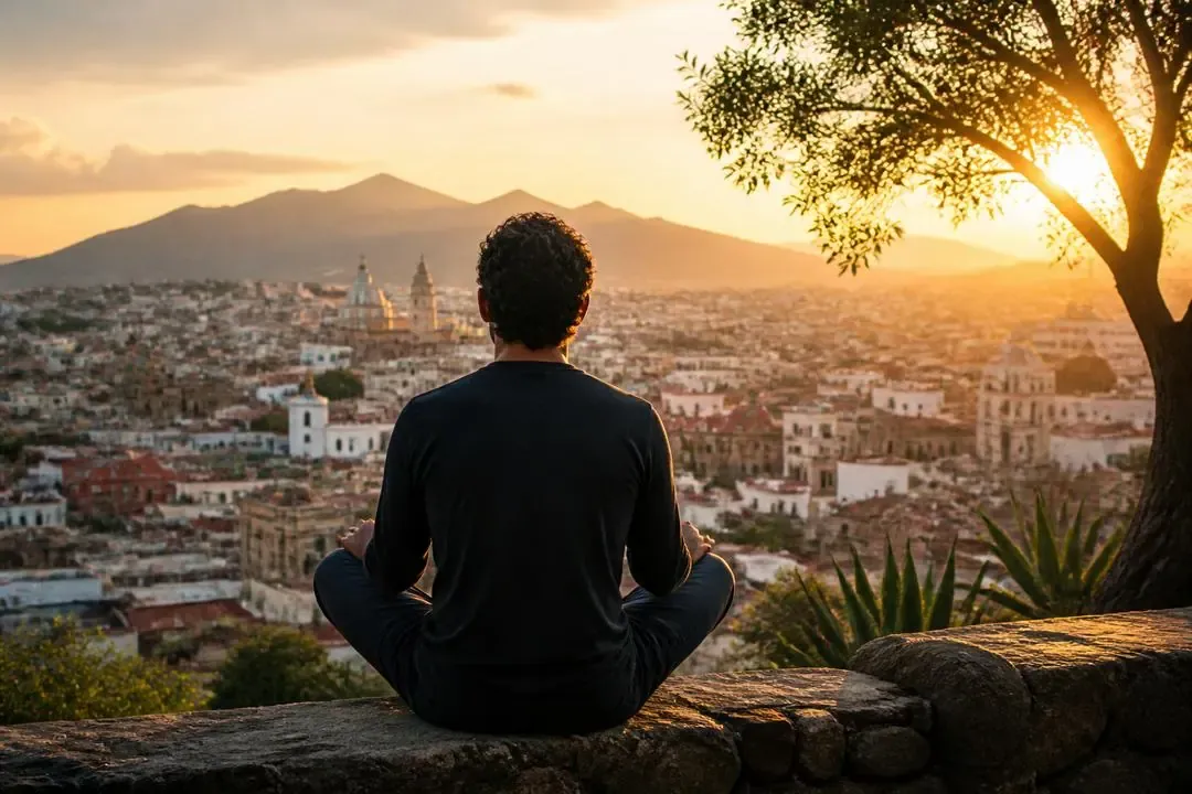 Persona meditando frente a una ciudad latinoamericana al amanecer