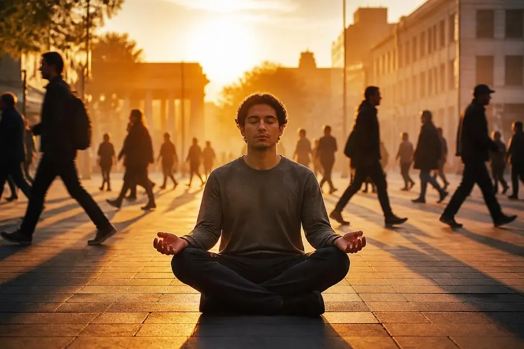 Persona meditando en una plaza como símbolo de reflexión sobre individuo y sociedad
