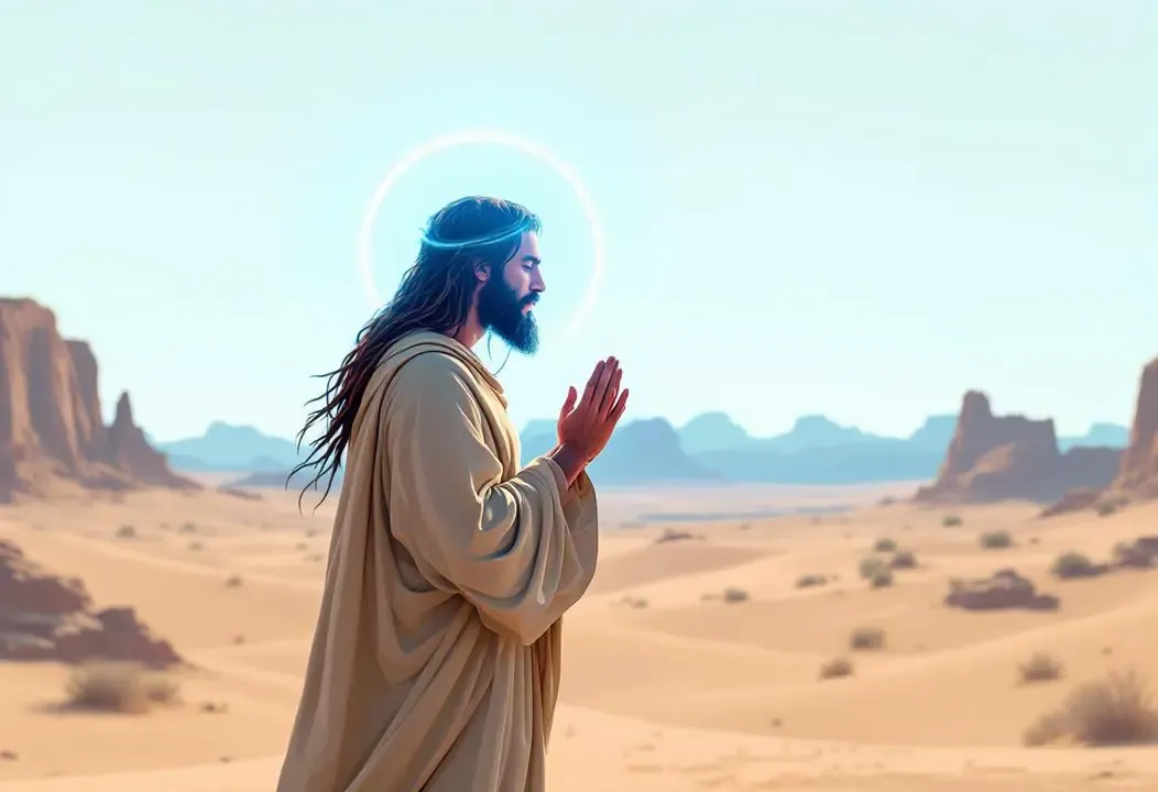 Ilustración de Juan el Bautista en el desierto, con un aura divina, vestido con pieles y señalando hacia arriba.