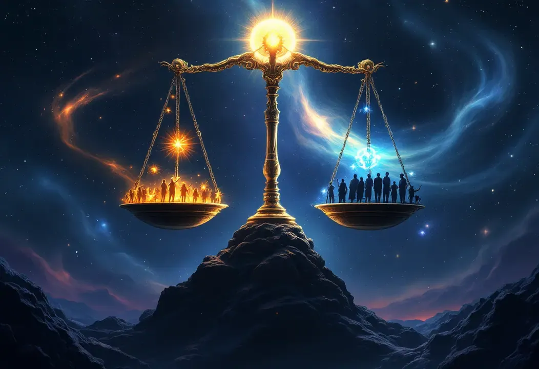Balanza cósmica equilibrando acciones buenas y malas, simbolizando la ley del Karma.